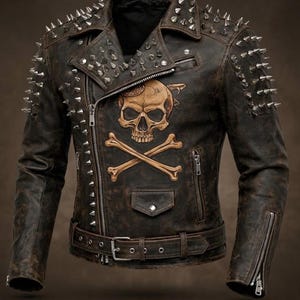 May include: Brown leather jacket with silver spikes on the shoulders and collar. The jacket features a skull and crossbones graphic on the front. It has a zipper closure, a belt, and multiple pockets. The jacket has a distressed, vintage look.