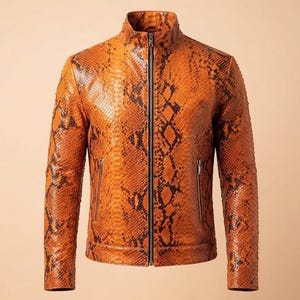 Mens Genuine Python Leather Jacket Exotic Snakeskin Biker Jacket Handmade Luxury Zip Up Coat Gift
