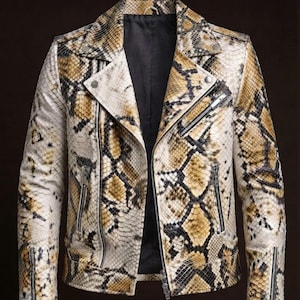 Men's Python Print Leather Biker Jacket Genuine Leather Moto Motorcycle Fashion Luxury Coat Gift