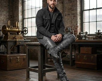Pantaloni da motociclista da uomo in vera pelle marrone, vestibilità slim, stile punk, ideali per la guida in moto.