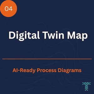 May include: A dark blue square graphic featuring an orange circle with the number 04 in the top left corner. The text Digital Twin Map appears in white, followed by an orange horizontal line and the text AI-Ready Process Diagrams in orange.