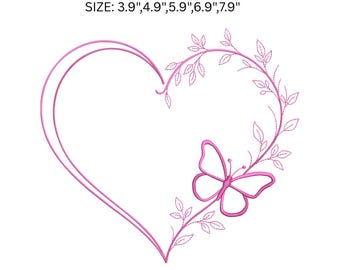 Butterfly Heart Embroidery Design, Floral Heart Machine Embroidery File, Romantic Love Outline PES DST JEF VP3