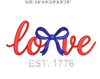 Disegno per ricamo "Amore patriottico", file di ricamo 1776, ricamo a macchina per il 4 luglio, ricamo con fiocco USA, PES DST