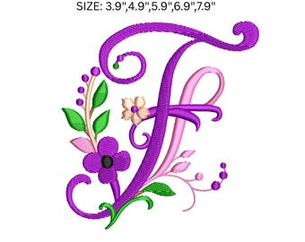 Broderidesign med blommig bokstav F, broderifil med monogram F, broderimönster med blomalfabet, maskinbroderi med initialer,