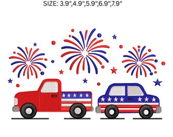 Patriotic Truck Car Embroidery Design, 4th of July Machine Embroidery File, USA Fireworks Embroidery, Independence Day PES DST