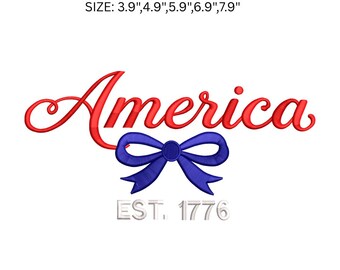 America EST 1776 Disegno per ricamo, File di ricamo con fiocco patriottico, Ricamo a macchina PES per il 4 luglio USA