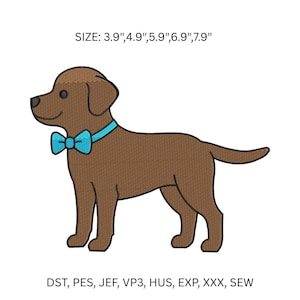May include: An embroidery design of a brown puppy wearing a bright blue bow tie. The text above reads SIZE: 3.9",4.9",5.9",6.9",7.9" and the text below lists file formats: DST, PES, JEF, VP3, HUS, EXP, XXX, SEW. The puppy is in profile.