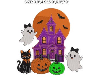 Söt Halloween-broderidesign med spökhus, broderimönster med spöke och svart katt, pumpa Halloween-maskinbroderifil,
