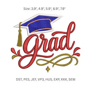 May include: An embroidered design featuring the word "Grad" in red script, accompanied by a blue and gold graduation cap and decorative gold flourishes. The sizes range from 3.9" to 7.9" in width.