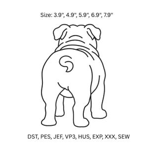 May include: A black and white line drawing of a bulldog from the rear. The image includes the text "Size: 3.9", 4.9", 5.9", 6.9", 7.9"" and a list of file formats. The bulldog's rear is the focus, with its tail and hind legs visible.