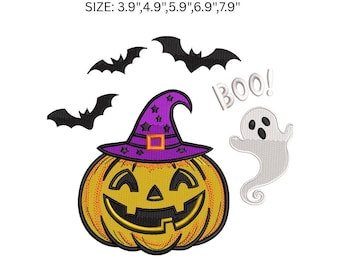 Halloweenpumpabroderidesign, söt Jack O'Lantern med häxhatt, Ghost Boo-broderifil, Halloween-maskinbroderimönster,