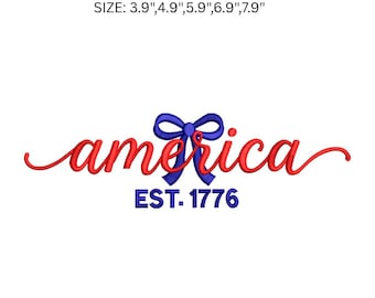 America EST 1776 Disegno per ricamo, File per ricamo a macchina del 4 luglio, Ricamo patriottico con fiocco USA, Giorno dell'Indipendenza PES