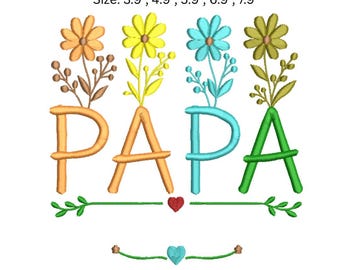 Pappa blombroderidesign | Färgglada blombokstäver Pappa broderifil | Fars dag maskinbroderi