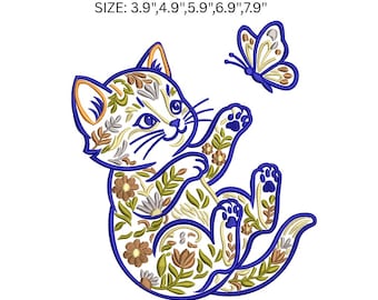 Disegno per ricamo di gatto floreale, file per ricamo di gattino carino, schema per ricamo a macchina di gatto farfalla, PES DST JEF VP3