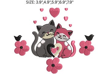 Söta kärlekskatter broderidesign | Alla hjärtans dag katt broderifil | Kawaii kattmönster