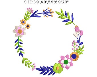 Blomkransbroderidesign, maskinbroderifil med blomram, botaniskt bågmönster, digital nedladdning