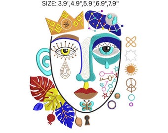 Digital nedladdning av abstrakt ansiktsbroderidesign, Picasso-stil kubistisk linjekonst maskinbroderimönster, boho ansiktsringkonst, 5 storlekar