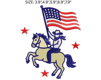 Patriotic Horse Embroidery Design, Cowboy Riding Horse with American Flag, 4th of July USA Machine Embroidery File PES DST