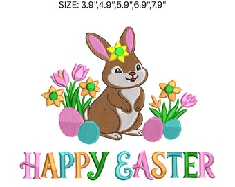 Happy Easter Bunny Embroidery Design, Cute Rabbit Machine Embroidery File, Spring Floral Bunny, Pes Dst Jef Vp3 Hus Exp Xxx Sew