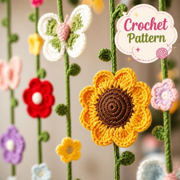 Crochet Flower Garland Door Curtain Pattern | Spring Fall Cafe Curtain | DIY Boho Wall Hanging Decor | Digital Download