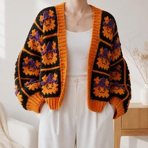 Pumpkin Witch Crochet Cardigan Pattern, Halloween Granny Square Cardigan PDF, Witch Hat Crochet Sweater, Instant Download