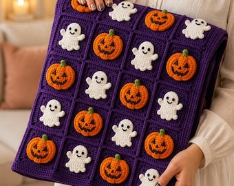 Halloween Blanket Crochet Pattern - Ghost Pumpkin Granny Square PDF - Easy Beginner DIY Fall Home Decor Download Project