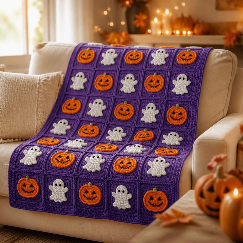 Halloween Blanket Crochet Pattern - Ghost Pumpkin Granny Square PDF - Easy Beginner DIY Fall Home Decor Download Project image 11