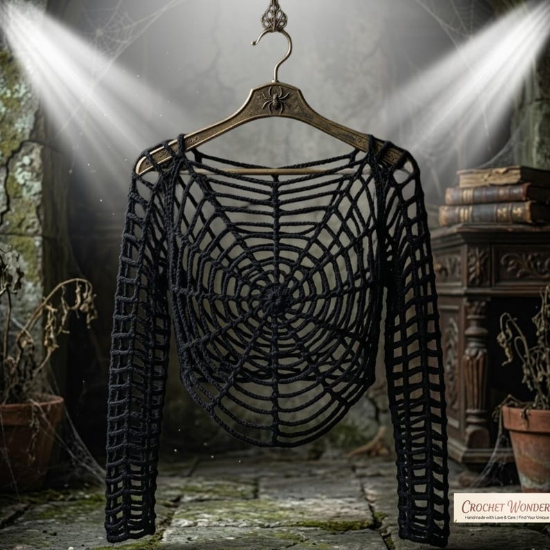 Puede incluir: Una blusa de crochet negra de manga larga con un patr&oacute;n circular de telara&ntilde;a en la parte delantera y trasera. La prenda se exhibe en una percha met&aacute;lica con un detalle de ara&ntilde;a en el centro. El tejido crea una textura abierta y cuadriculada.
