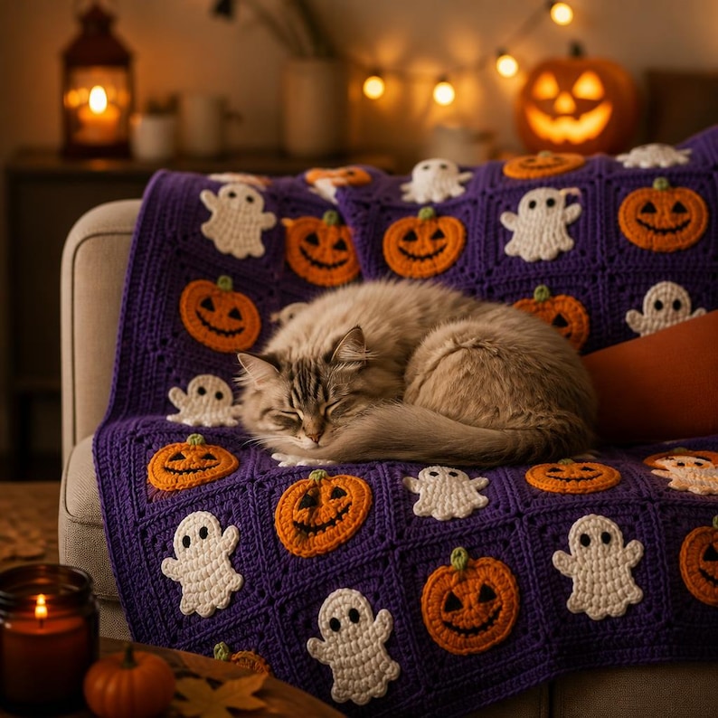 Halloween Blanket Crochet Pattern - Ghost Pumpkin Granny Square PDF - Easy Beginner DIY Fall Home Decor Download Project image 6