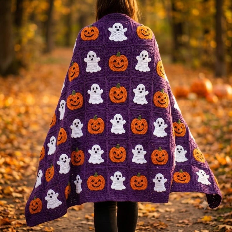 May include: A purple crochet blanket featuring a repeating grid pattern of white ghosts and orange pumpkins. The textile is constructed from individual square blocks, each displaying either a single white ghost or an orange pumpkin with green stems.