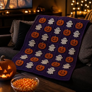 Halloween Blanket Crochet Pattern - Ghost Pumpkin Granny Square PDF - Easy Beginner DIY Fall Home Decor Download Project image 14