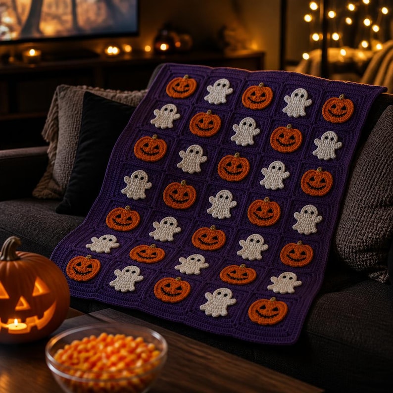 Halloween Blanket Crochet Pattern - Ghost Pumpkin Granny Square PDF - Easy Beginner DIY Fall Home Decor Download Project image 14