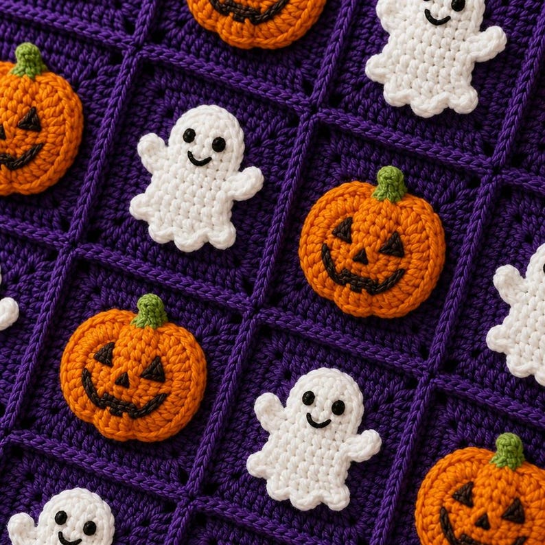 May include: A purple crochet blanket featuring a grid pattern of squares. Each square is decorated with a small, three-dimensional crocheted applique of either an orange pumpkin with a black stitched face or a white ghost with black eyes.