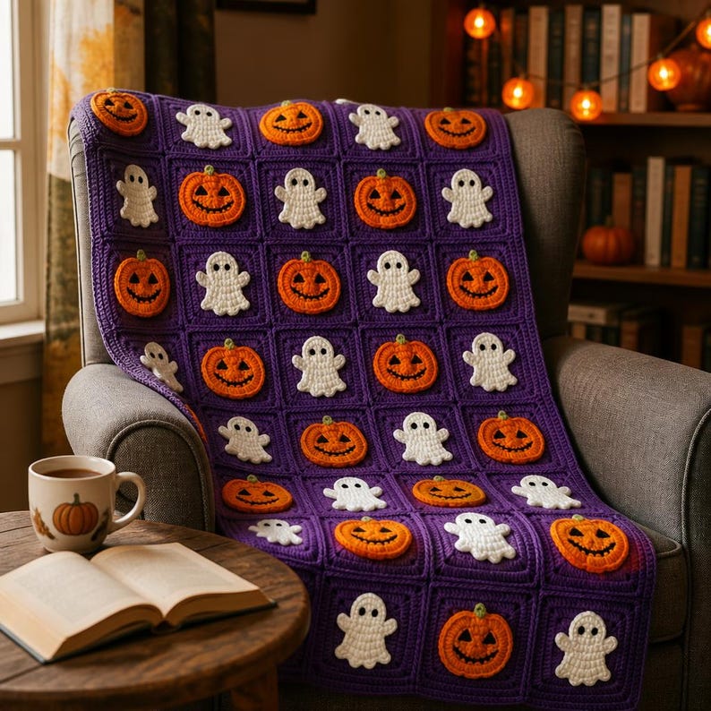May include: A purple crochet blanket featuring a repeating pattern of orange jack-o'-lanterns and white ghosts in individual square blocks. The blanket is draped over a chair, with a ceramic mug featuring a pumpkin illustration and an open book nearby.