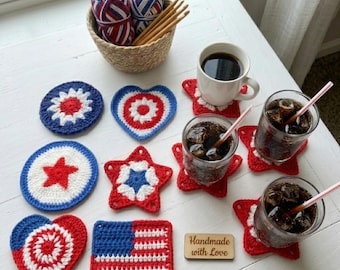 Crochet Pattern Bundle 6 in 1, Patriotic Coaster PDF, Red White Blue Mug Rug Set, 4th of July Decor, Round Heart Star Flag Design