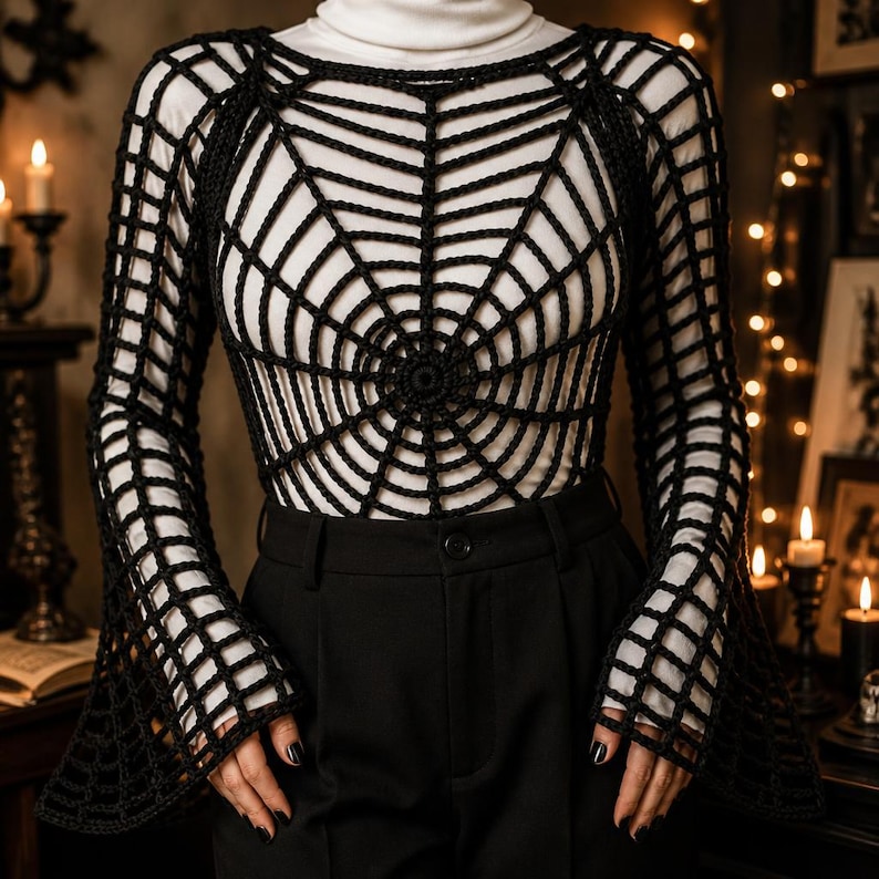 Puede incluir: Una blusa negra de manga larga tejida a ganchillo con un patr&oacute;n de telara&ntilde;a en el frente y las mangas. La prenda se usa sobre una camisa blanca de cuello alto y se combina con pantalones negros, creando un estilo superpuesto con dise&ntilde;o de red.