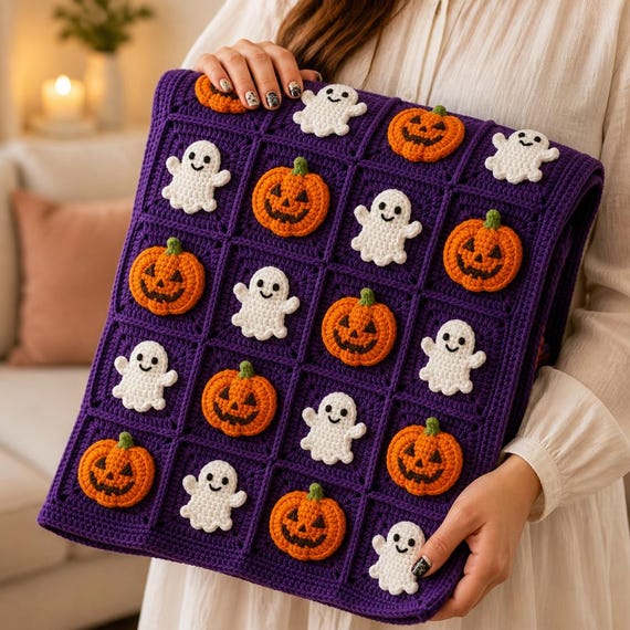 Halloween Blanket Crochet Pattern - Ghost Pumpkin Granny Square PDF - Easy Beginner DIY Fall Home Decor Download Project