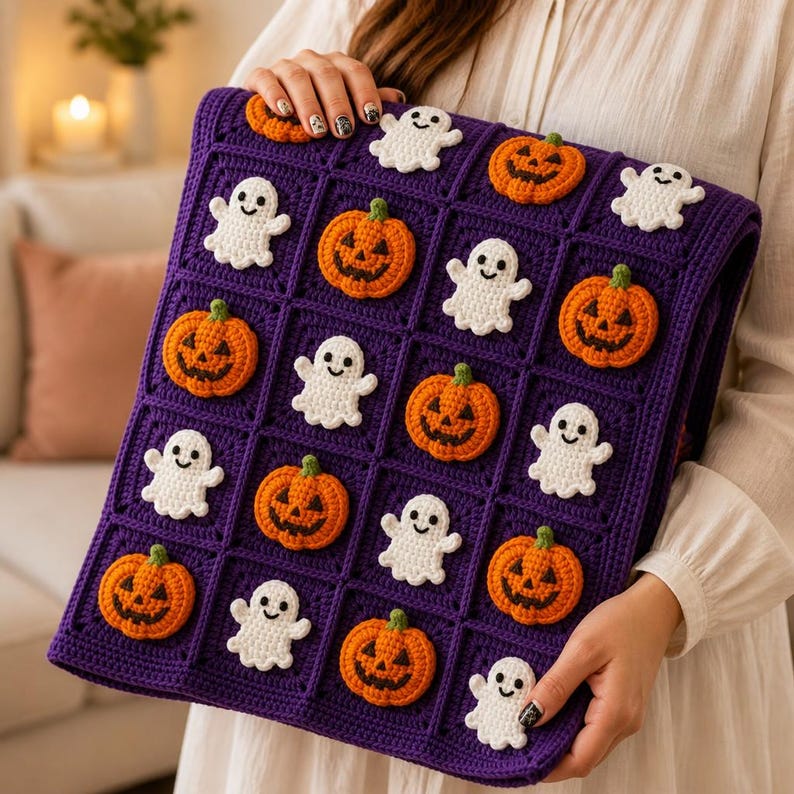 May include: A dark purple crochet blanket featuring a grid of alternating white ghost and orange jack-o'-lantern appliques. Each square is bordered by dark purple yarn, creating a repeating pattern of Halloween-themed motifs across the surface.