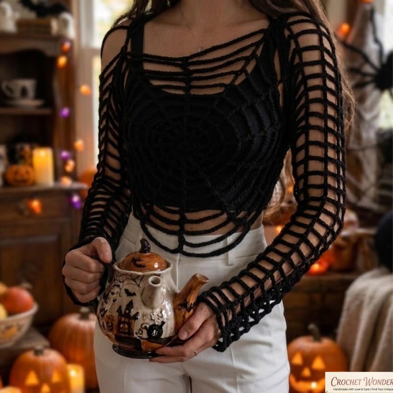 Patrón de top de ganchillo con diseño de telaraña en PDF, top de Halloween, suéter de ganchillo, suéter espeluznante imagen 9