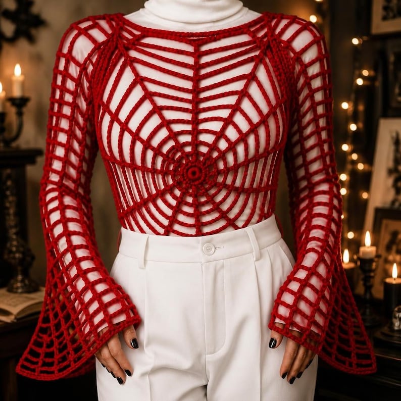 Patrón de top de ganchillo con diseño de telaraña en PDF, top de Halloween, suéter de ganchillo, suéter espeluznante imagen 2
