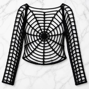 Puede incluir: Una prenda superior negra de manga larga confeccionada con hilo mediante una t&eacute;cnica de ganchillo. La pieza presenta una construcci&oacute;n de punto abierto que forma un patr&oacute;n de telara&ntilde;a en el pecho y la espalda, con un dise&ntilde;o de rejilla.