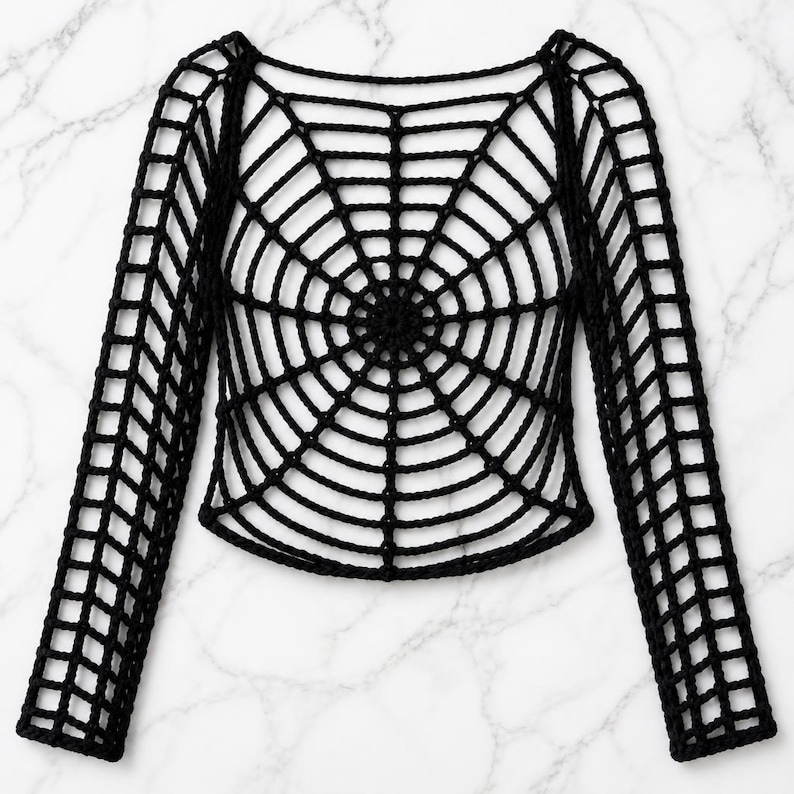 Puede incluir: Una prenda superior negra de manga larga confeccionada con hilo mediante una t&eacute;cnica de ganchillo. La pieza presenta una construcci&oacute;n de punto abierto que forma un patr&oacute;n de telara&ntilde;a en el pecho y la espalda, con un dise&ntilde;o de rejilla.