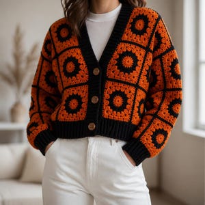 May include: A long-sleeve crochet cardigan featuring a repeating pattern of orange and black granny squares. The garment has a V-neckline, a black ribbed hem and cuffs, and three brown buttons down the front, worn over a plain white shirt.