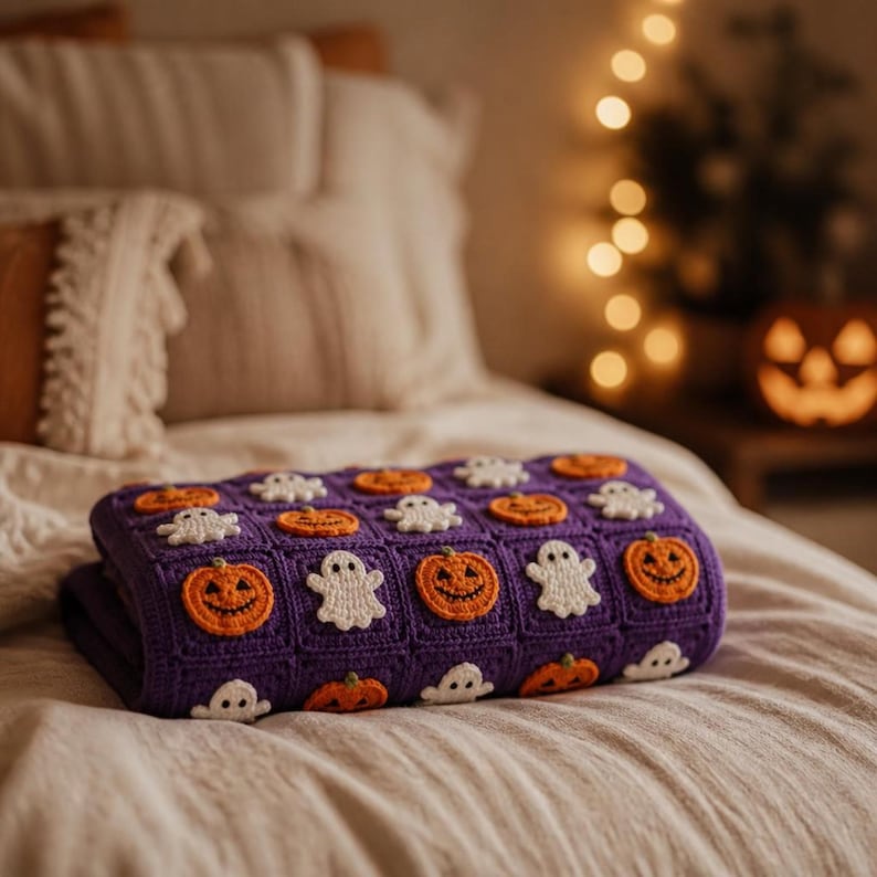 May include: A purple crochet blanket featuring a repeating grid pattern of small, white crocheted ghosts and orange crocheted jack-o'-lanterns. The blanket is folded and displays a textured, handmade appearance with distinct square sections for each motif.