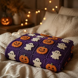 May include: A purple crochet blanket featuring a repeating pattern of orange jack-o'-lanterns and white ghosts. The blanket is constructed from individual square motifs, each containing a single centered figure, creating a textured Halloween-themed design.