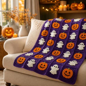 Halloween Blanket Crochet Pattern - Ghost Pumpkin Granny Square PDF - Easy Beginner DIY Fall Home Decor Download Project image 17