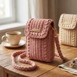 Può includere: Una borsa a tracolla all'uncinetto color rosa polvere con una spessa tracolla intrecciata, una patta con un'etichetta in metallo dorato con la scritta "handmade" e un motivo a maglia testurizzato. La borsa è rettangolare, strutturata e ha finiture dorate.