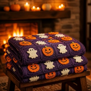 May include: A folded purple crochet blanket featuring a repeating pattern of orange jack-o'-lanterns and white ghosts. The blanket is constructed from individual square motifs, each showcasing a single crocheted character in a festive theme.
