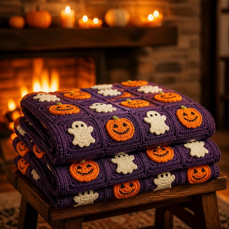 May include: A folded purple crochet blanket featuring a repeating pattern of orange jack-o'-lanterns and white ghosts. The blanket is constructed from individual square motifs, each showcasing a single crocheted character in a festive theme.