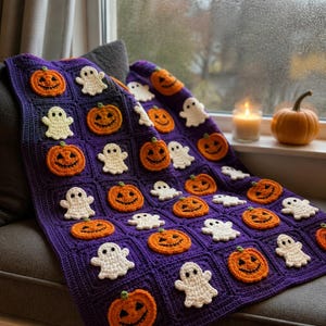 Halloween Blanket Crochet Pattern - Ghost Pumpkin Granny Square PDF - Easy Beginner DIY Fall Home Decor Download Project image 9